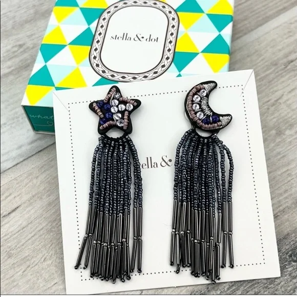 Stella & Dot | ⭐️🌛 LTD ED. Hand Embroidered Star & Moon Chandelier Earri… - Picture 1 of 8